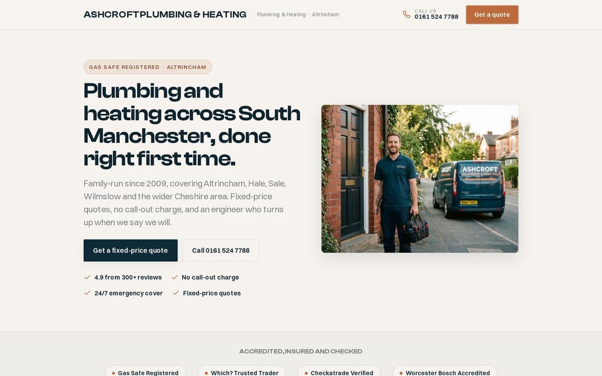 The Ashcroft Plumbing & Heating demonstration site: a petrol-navy and copper hero with a photo of an engineer beside a branded van, accreditation badges and a get-a-quote button.
