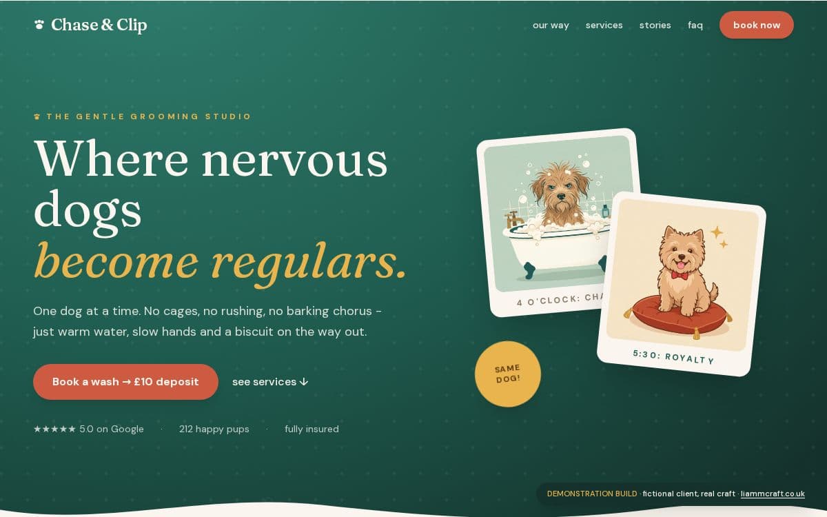 The Chase & Clip demonstration site: a warm teal hero with illustrated dogs, price tickets and a booking widget.