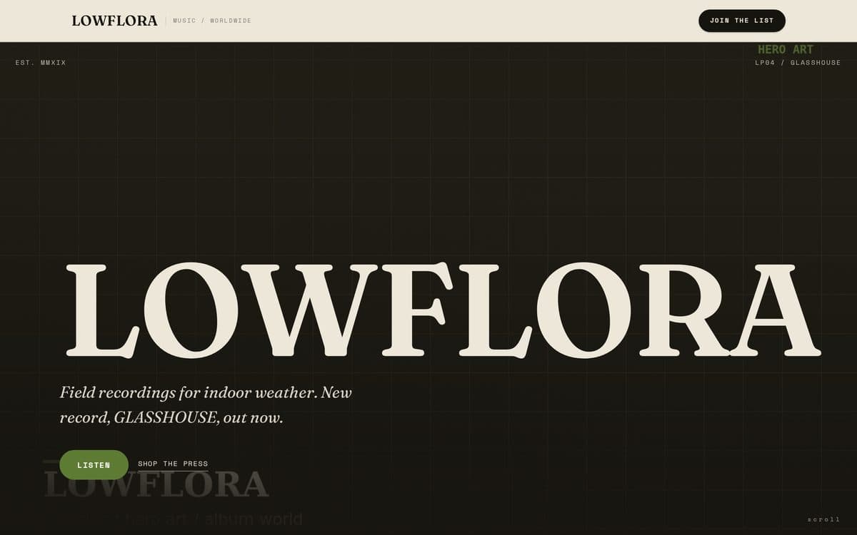 The LOWFLORA demonstration site: a dark editorial hero with the artist name set huge in a serif, a join-the-list button and a release line on a warm bone and moss palette.