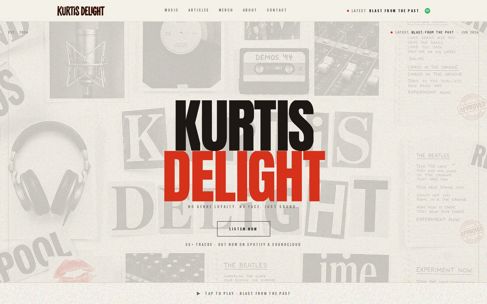 The Kurtis Delight homepage: a torn-paper zine collage with the masthead set large in red, a latest-track sidebar on the right and a play bar across the bottom.