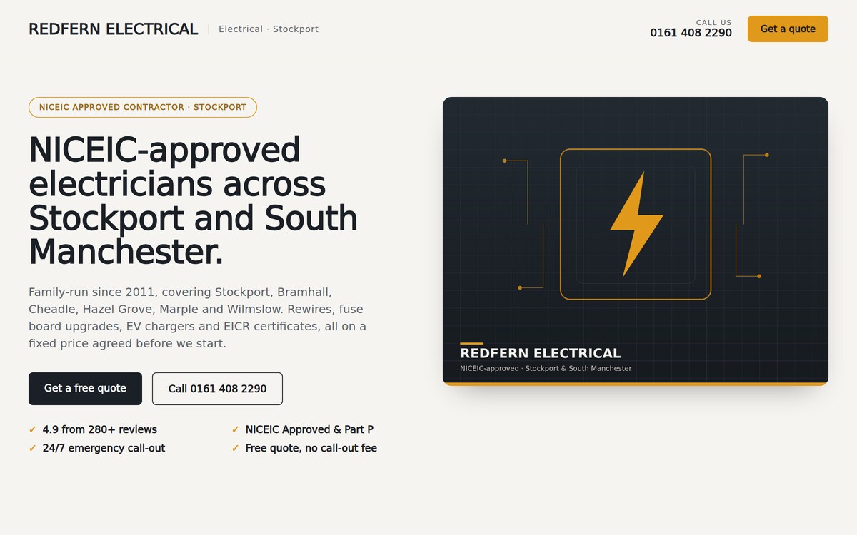 The Redfern Electrical demonstration site: a clean electrical-contractor hero reading 'NICEIC-approved electricians across Stockport and South Manchester', with accreditation badges, a review line and a get-a-quote button.